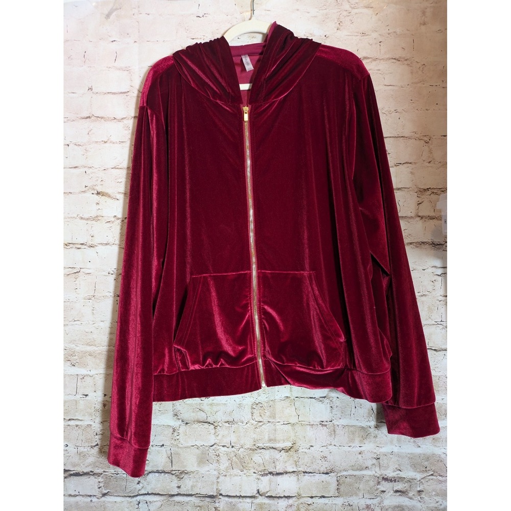 Fabletics Donna Velour Jacket Womens 2X Cherry Red Full Zip Hooded Plush Sporty